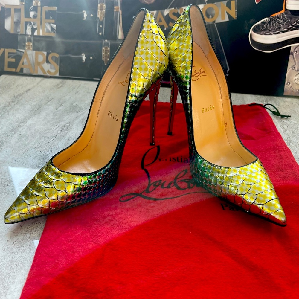 Christian Louboutin Gold and Blue So Kate Python Mermaid 120 pump.